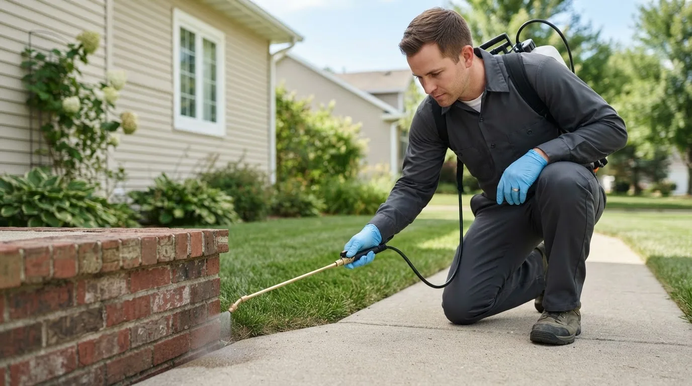 Pest control technician treating a home near Natick, MA
